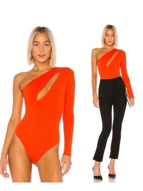 NBD One-Shoulder Cutout Long-Sleeve Bodysuit in Orange